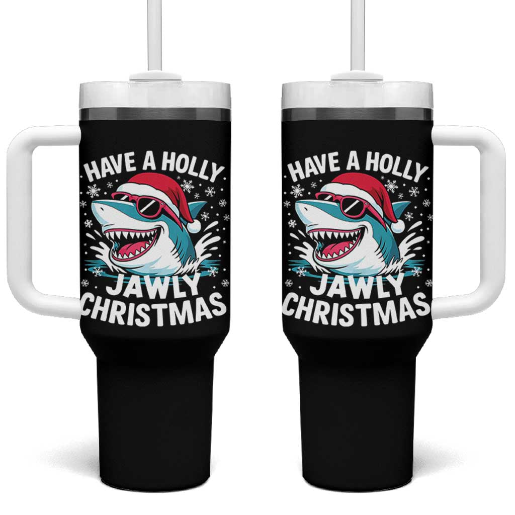 Funny Xmas Shark Tumbler With Handle Have A Holly Jawly Christmas Santa Hat - Wonder Print Shop