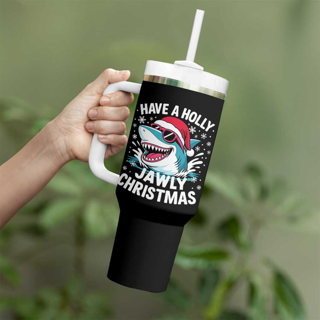 Funny Xmas Shark Tumbler With Handle Have A Holly Jawly Christmas Santa Hat - Wonder Print Shop