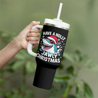 Funny Xmas Shark Tumbler With Handle Have A Holly Jawly Christmas Santa Hat - Wonder Print Shop
