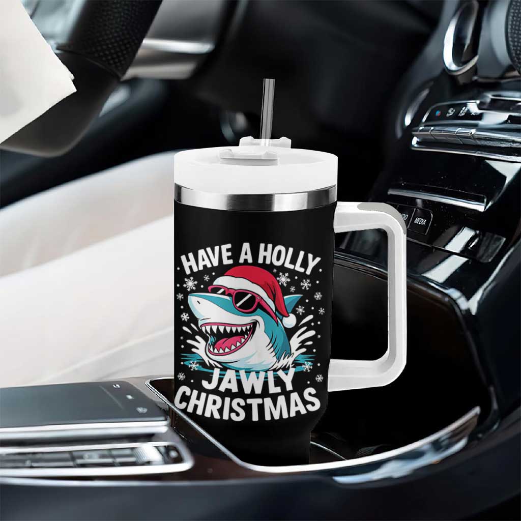 Funny Xmas Shark Tumbler With Handle Have A Holly Jawly Christmas Santa Hat - Wonder Print Shop