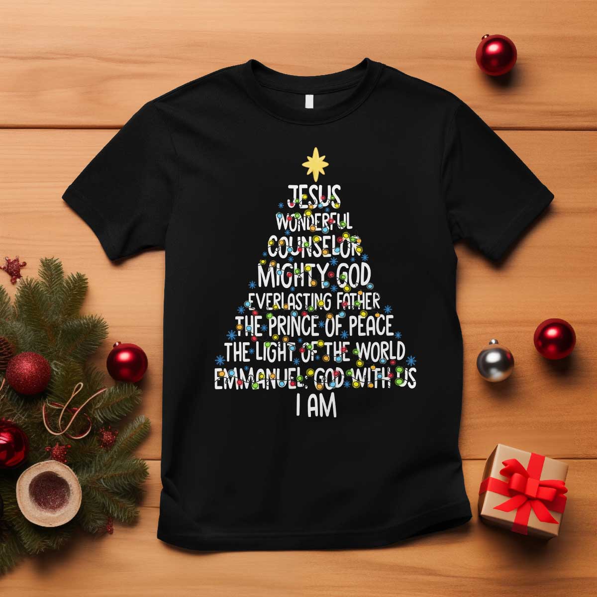 Christian Christmas T Shirt Jesus Wonderful Counselor Mighty God Xmas Tree - Wonder Print Shop