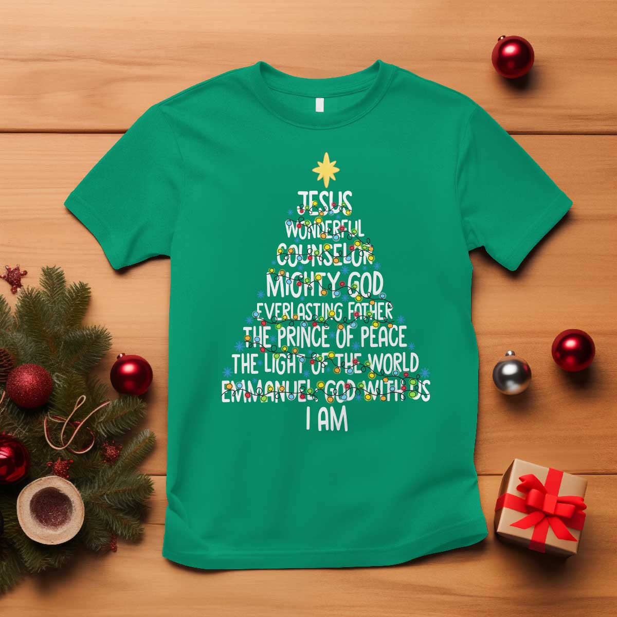 Christian Christmas T Shirt Jesus Wonderful Counselor Mighty God Xmas Tree - Wonder Print Shop