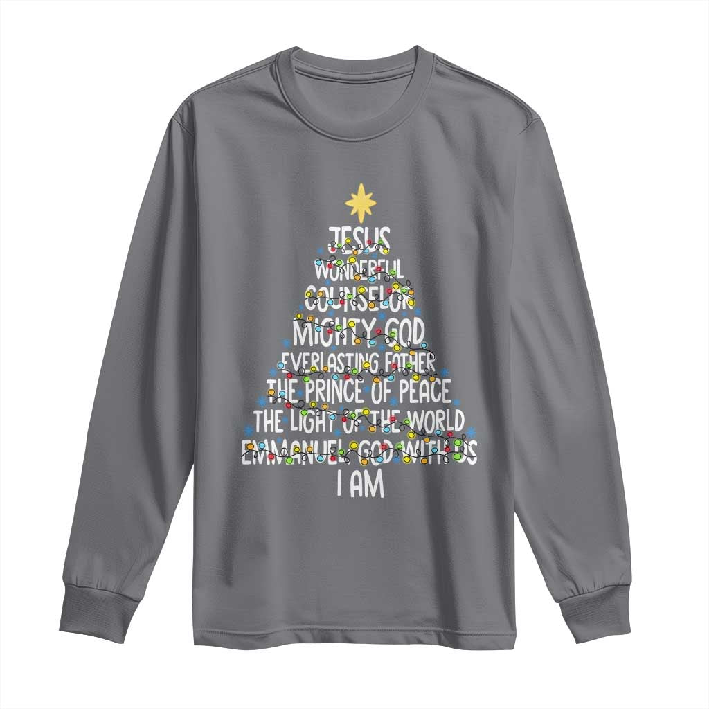 Christian Christmas Long Sleeve Shirt Jesus Wonderful Counselor Mighty God Xmas Tree - Wonder Print Shop