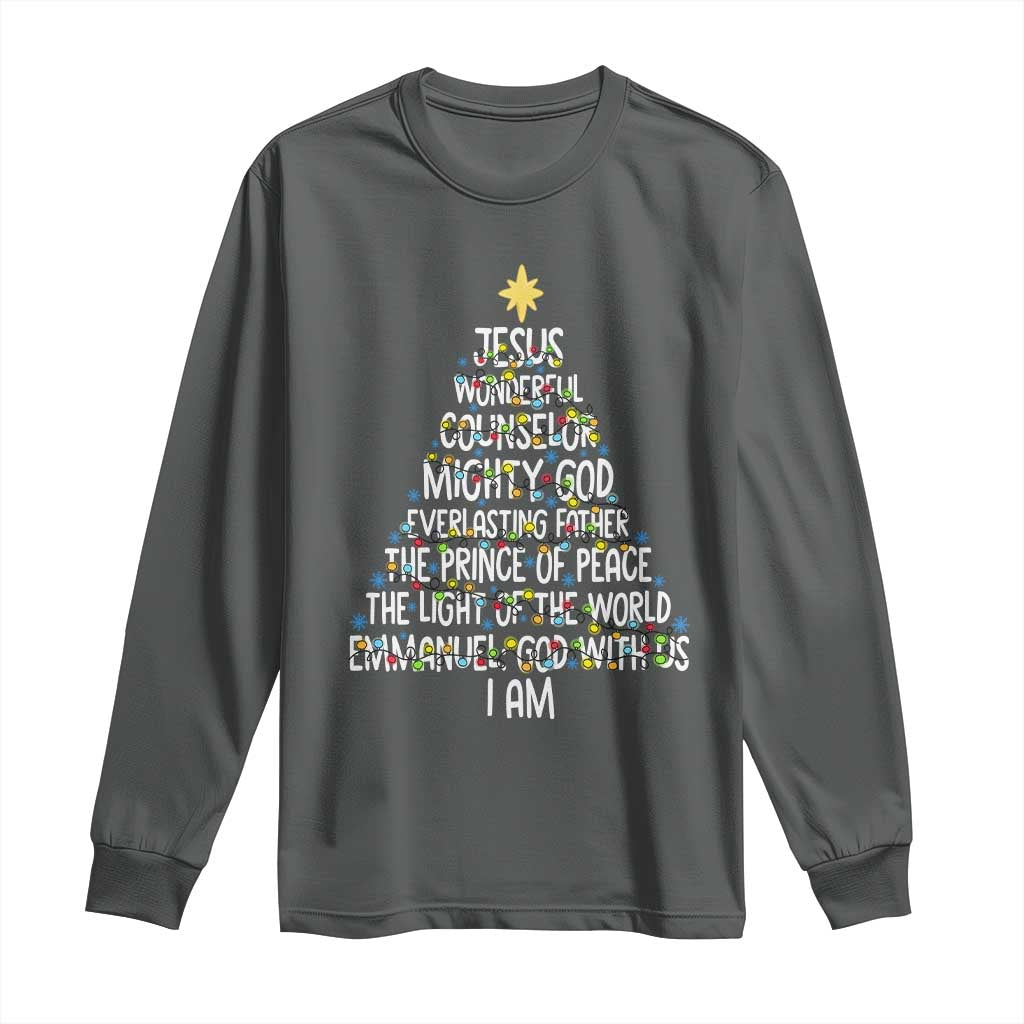 Christian Christmas Long Sleeve Shirt Jesus Wonderful Counselor Mighty God Xmas Tree - Wonder Print Shop