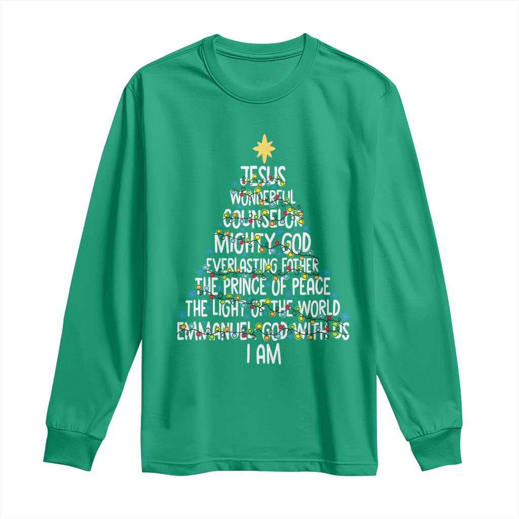 Christian Christmas Long Sleeve Shirt Jesus Wonderful Counselor Mighty God Xmas Tree - Wonder Print Shop