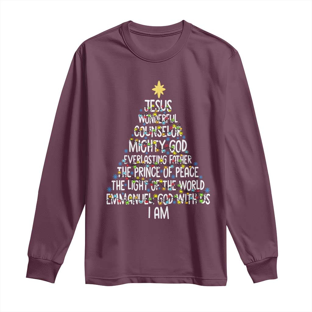 Christian Christmas Long Sleeve Shirt Jesus Wonderful Counselor Mighty God Xmas Tree - Wonder Print Shop