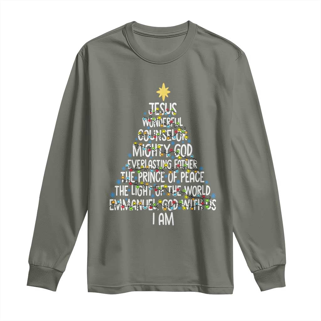 Christian Christmas Long Sleeve Shirt Jesus Wonderful Counselor Mighty God Xmas Tree - Wonder Print Shop