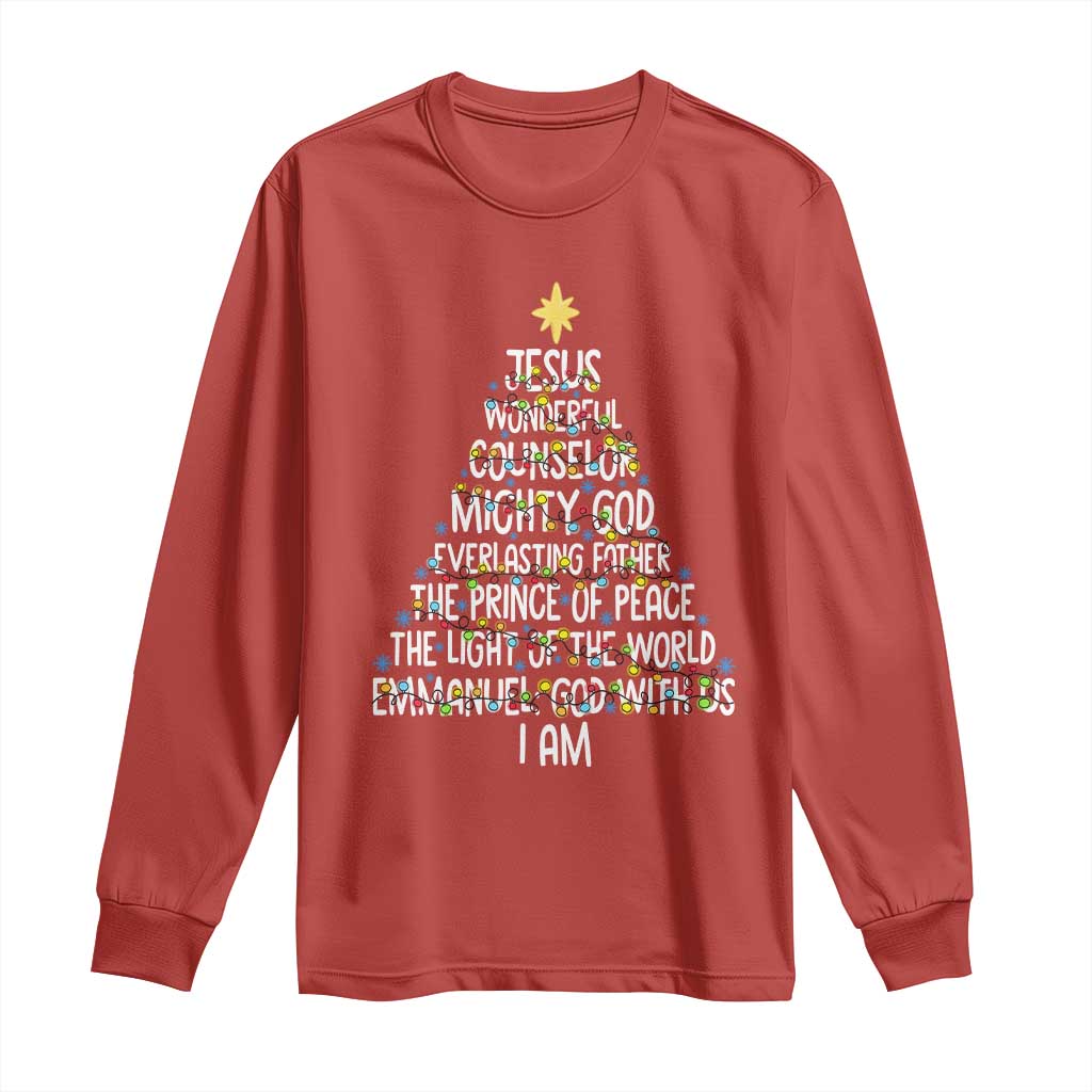Christian Christmas Long Sleeve Shirt Jesus Wonderful Counselor Mighty God Xmas Tree - Wonder Print Shop