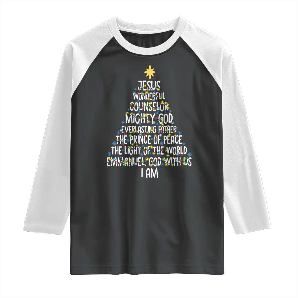 Christian Christmas Raglan Shirt Jesus Wonderful Counselor Mighty God Xmas Tree - Wonder Print Shop