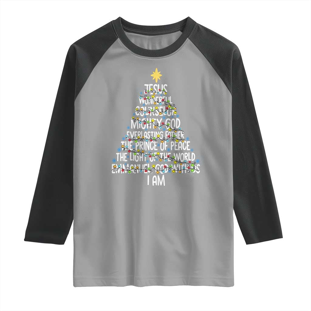 Christian Christmas Raglan Shirt Jesus Wonderful Counselor Mighty God Xmas Tree - Wonder Print Shop