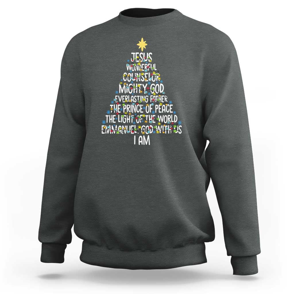 Christian Christmas Sweatshirt Jesus Wonderful Counselor Mighty God Xmas Tree - Wonder Print Shop