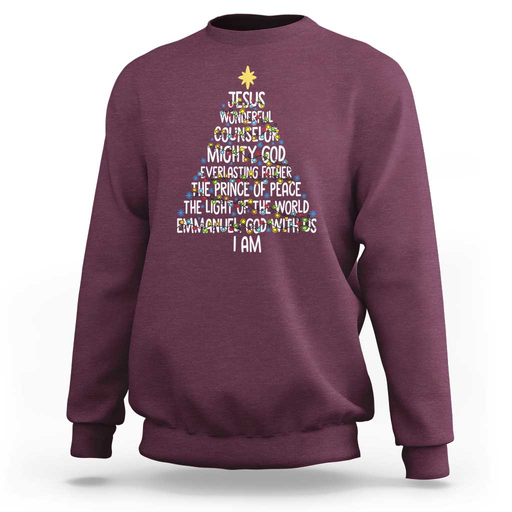Christian Christmas Sweatshirt Jesus Wonderful Counselor Mighty God Xmas Tree - Wonder Print Shop
