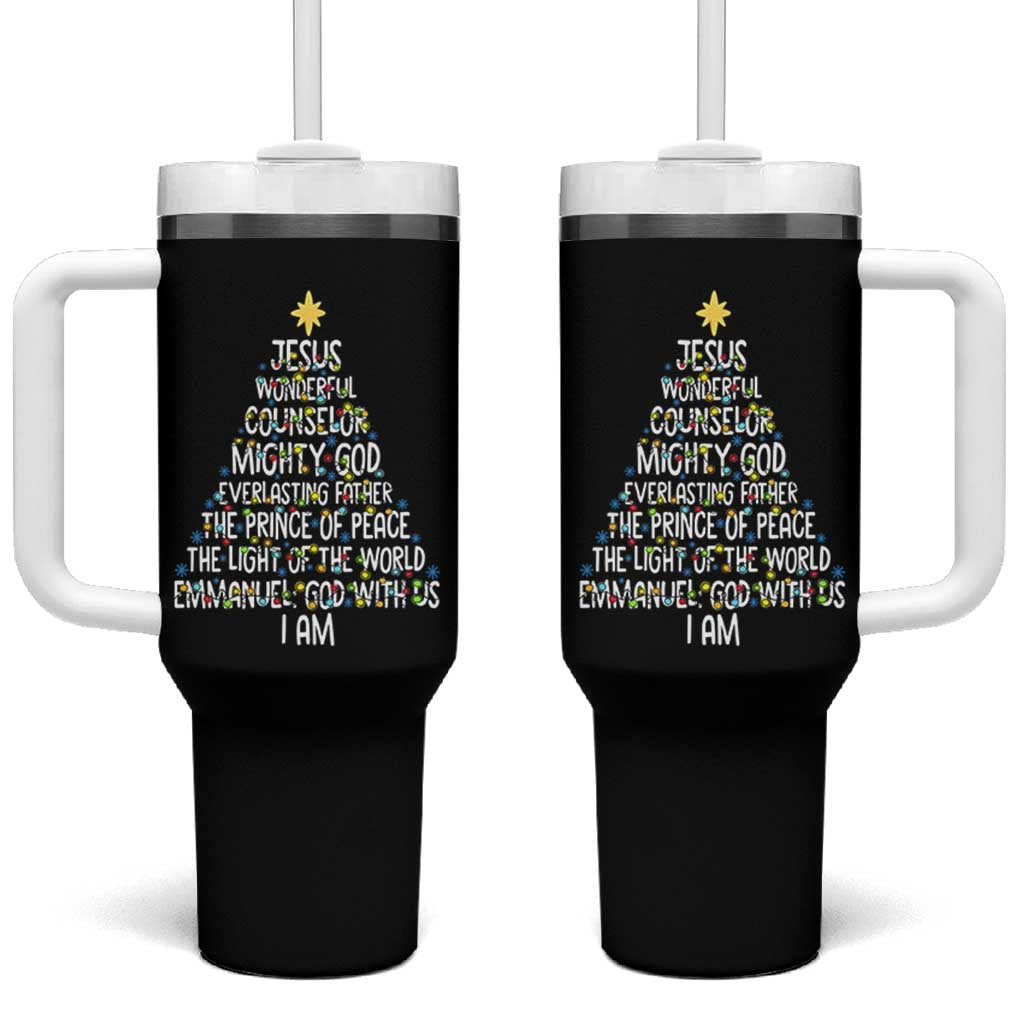 Christian Christmas Tumbler With Handle Jesus Wonderful Counselor Mighty God Xmas Tree - Wonder Print Shop