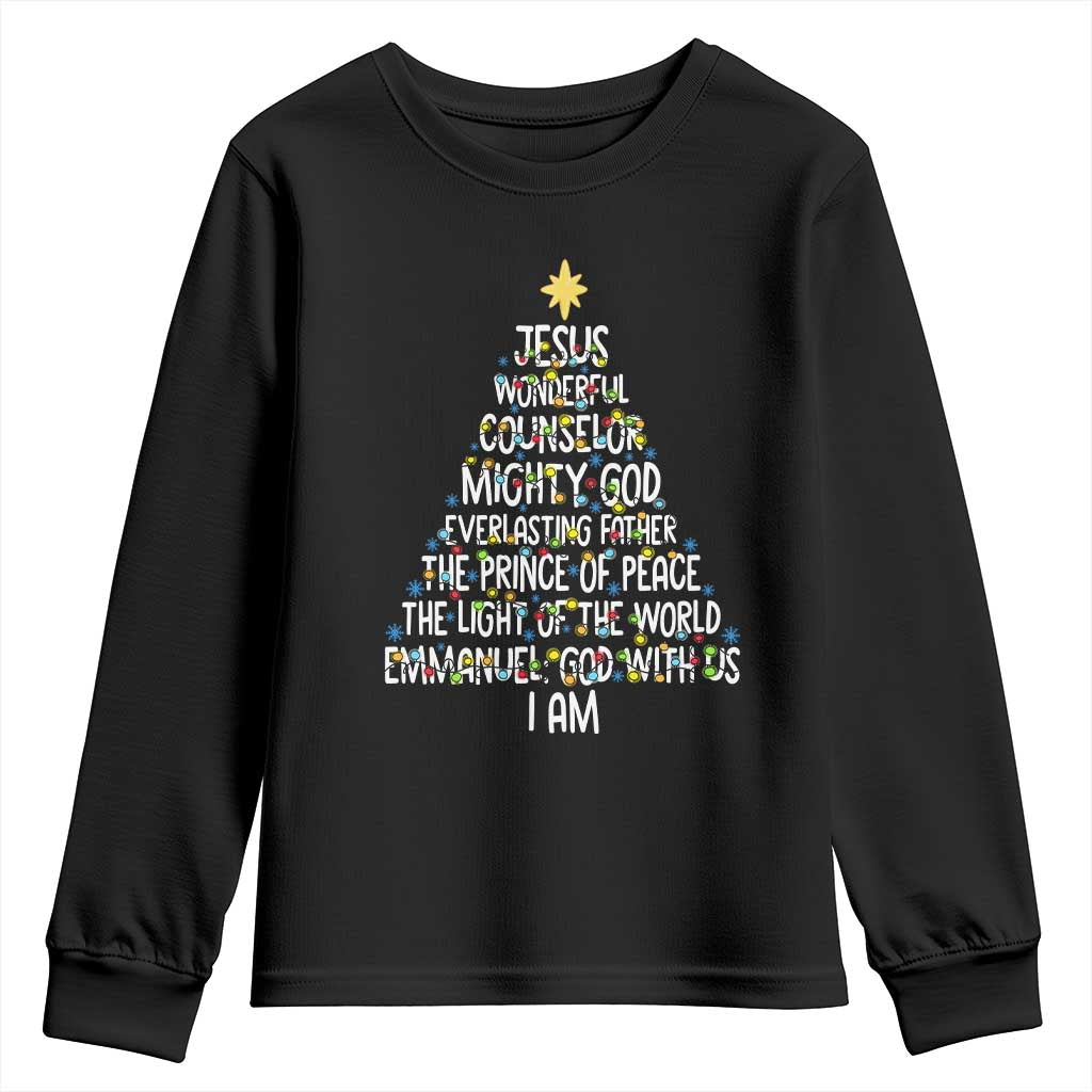Christian Christmas Youth Sweatshirt Jesus Wonderful Counselor Mighty God Xmas Tree - Wonder Print Shop