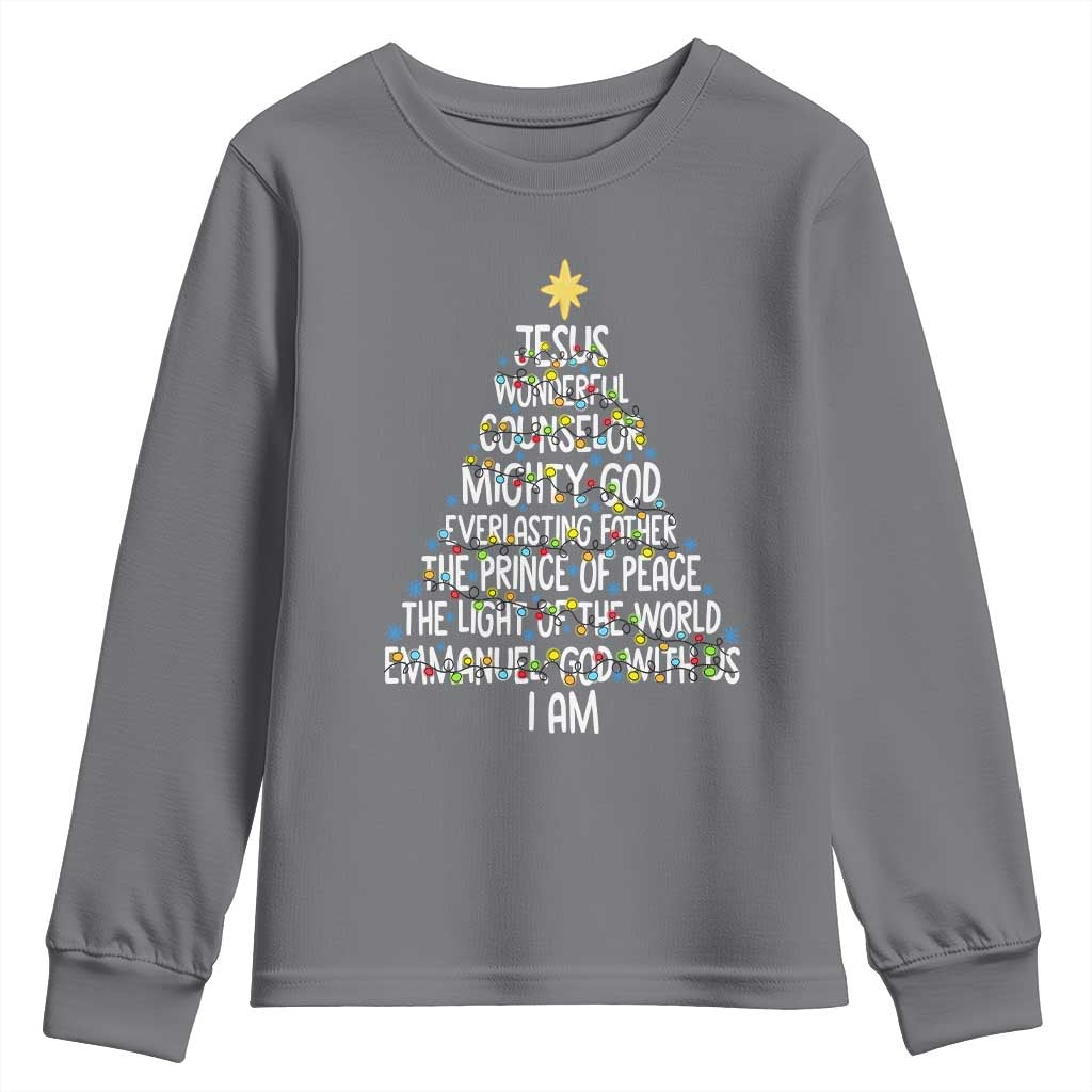 Christian Christmas Youth Sweatshirt Jesus Wonderful Counselor Mighty God Xmas Tree - Wonder Print Shop