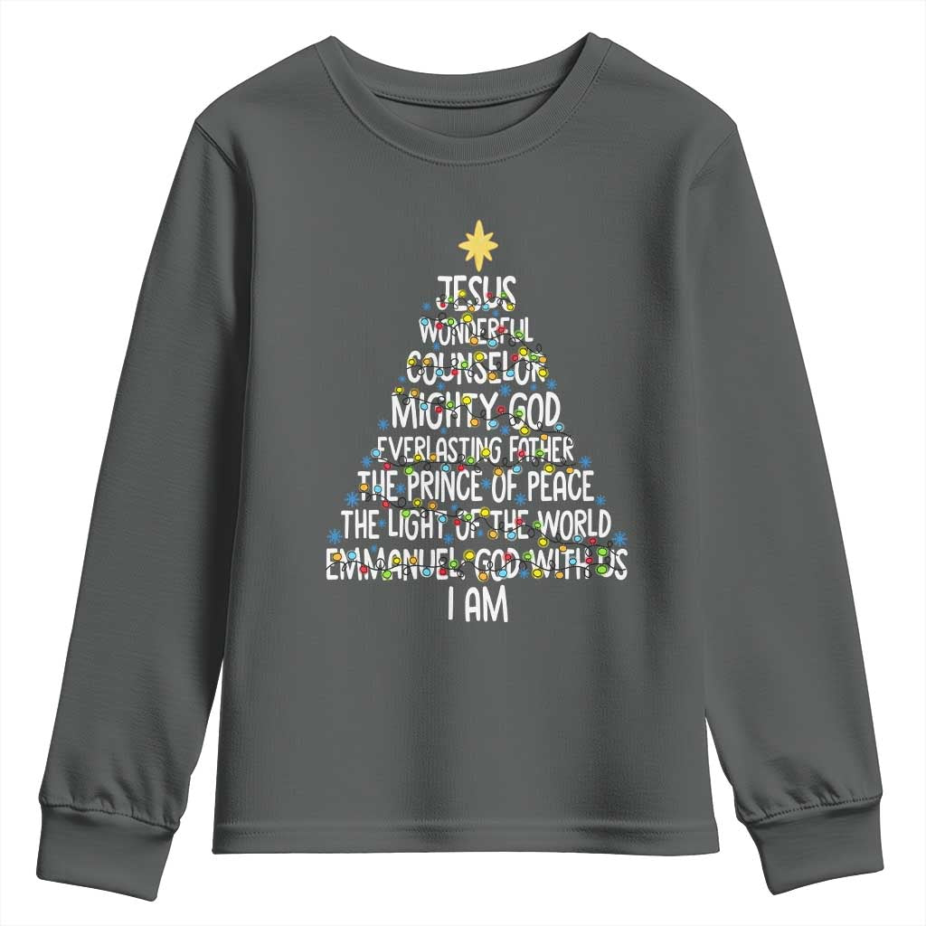 Christian Christmas Youth Sweatshirt Jesus Wonderful Counselor Mighty God Xmas Tree - Wonder Print Shop