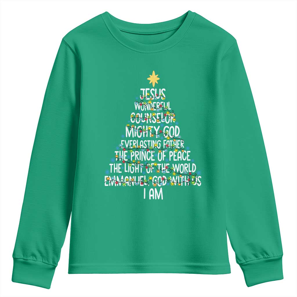 Christian Christmas Youth Sweatshirt Jesus Wonderful Counselor Mighty God Xmas Tree - Wonder Print Shop