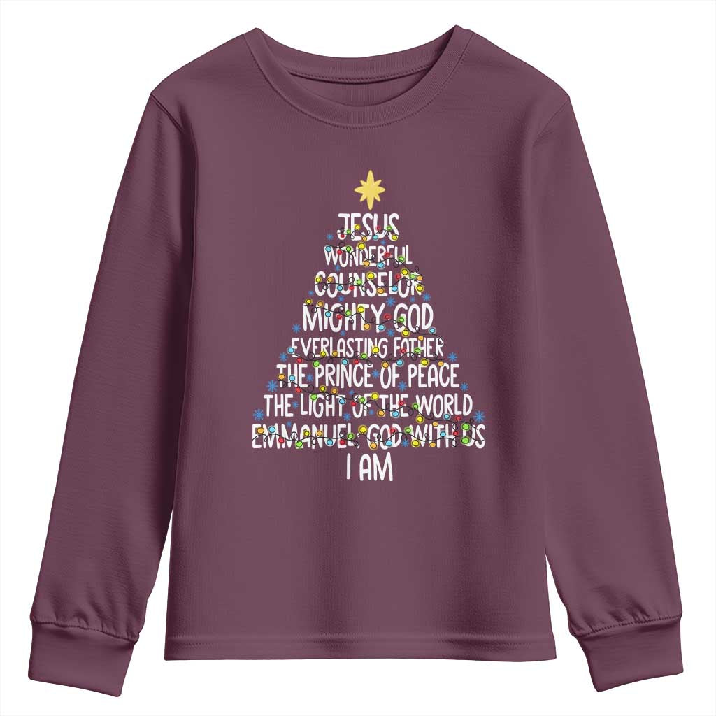 Christian Christmas Youth Sweatshirt Jesus Wonderful Counselor Mighty God Xmas Tree - Wonder Print Shop