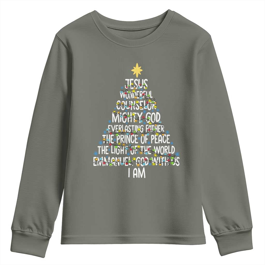 Christian Christmas Youth Sweatshirt Jesus Wonderful Counselor Mighty God Xmas Tree - Wonder Print Shop