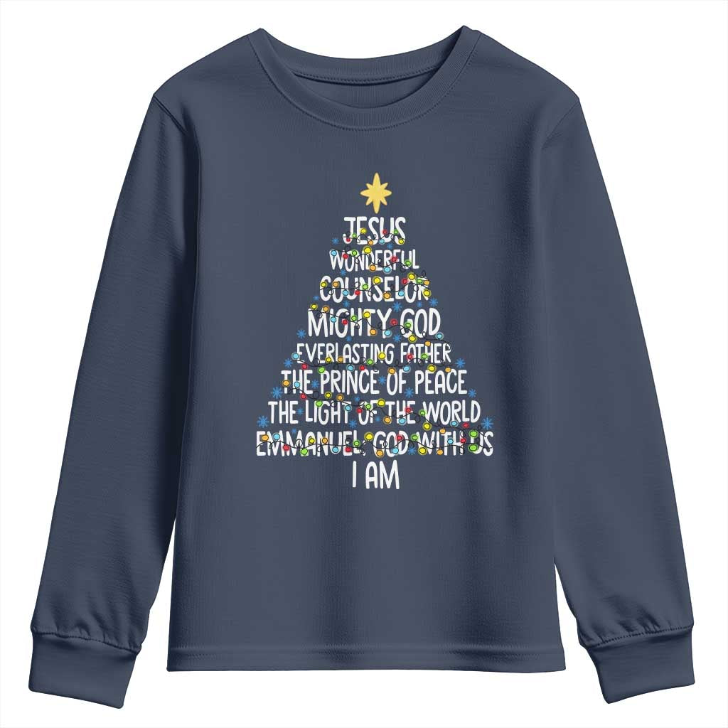 Christian Christmas Youth Sweatshirt Jesus Wonderful Counselor Mighty God Xmas Tree - Wonder Print Shop