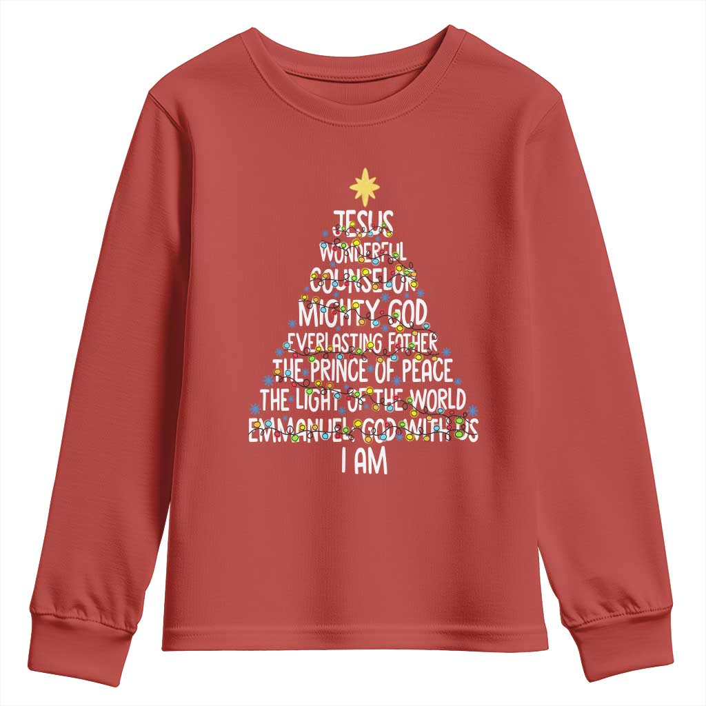 Christian Christmas Youth Sweatshirt Jesus Wonderful Counselor Mighty God Xmas Tree - Wonder Print Shop