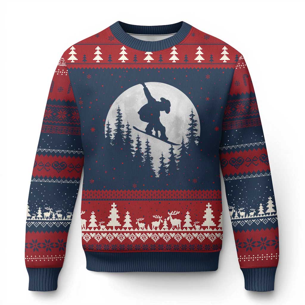 Funny Snowboard Cowboy Moon Snowboarding Winter Sports Ugly Christmas Sweater - Wonder Print Shop