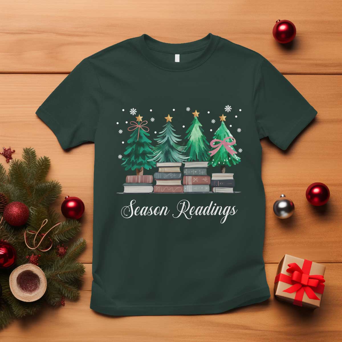 Funny Christmas Book T Shirt Season Readings Xmas Tree Bookworm Teacher Librarian - Wonder Print Shop
