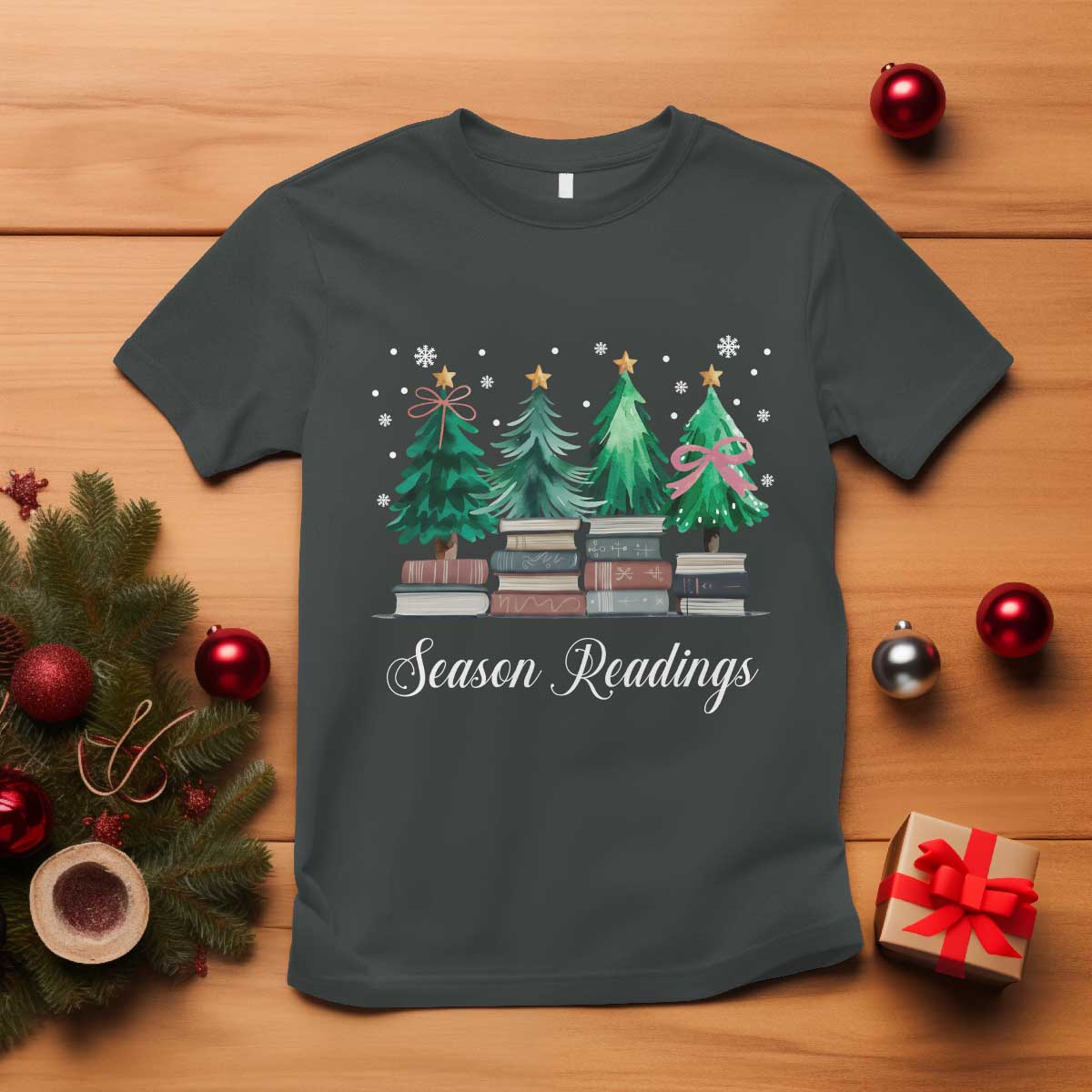Funny Christmas Book T Shirt Season Readings Xmas Tree Bookworm Teacher Librarian - Wonder Print Shop