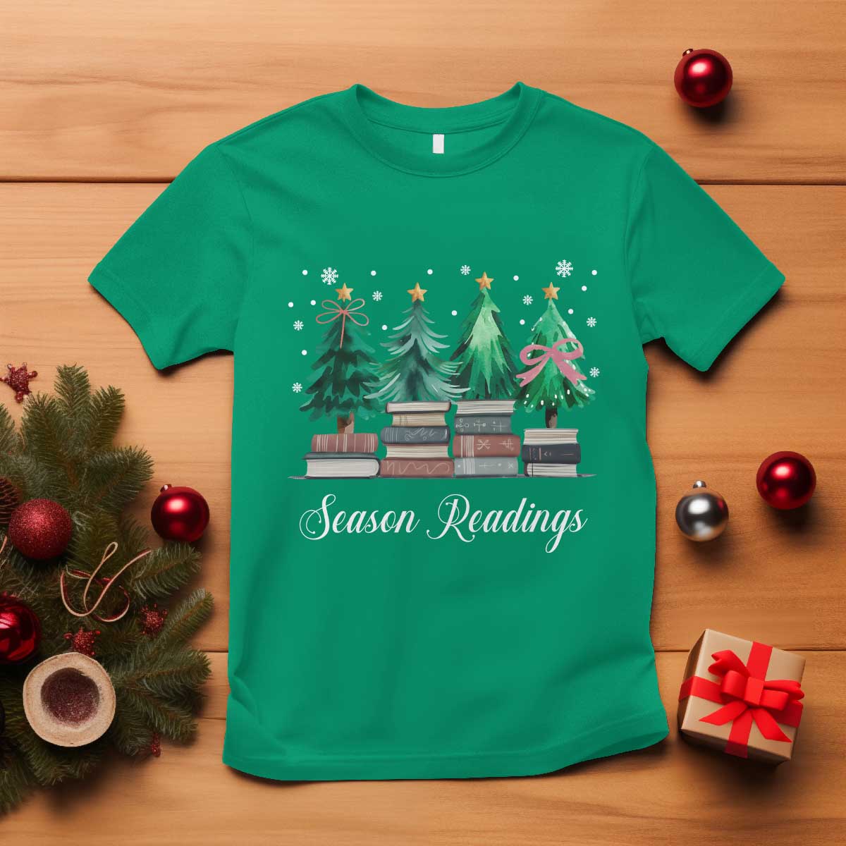 Funny Christmas Book T Shirt Season Readings Xmas Tree Bookworm Teacher Librarian - Wonder Print Shop