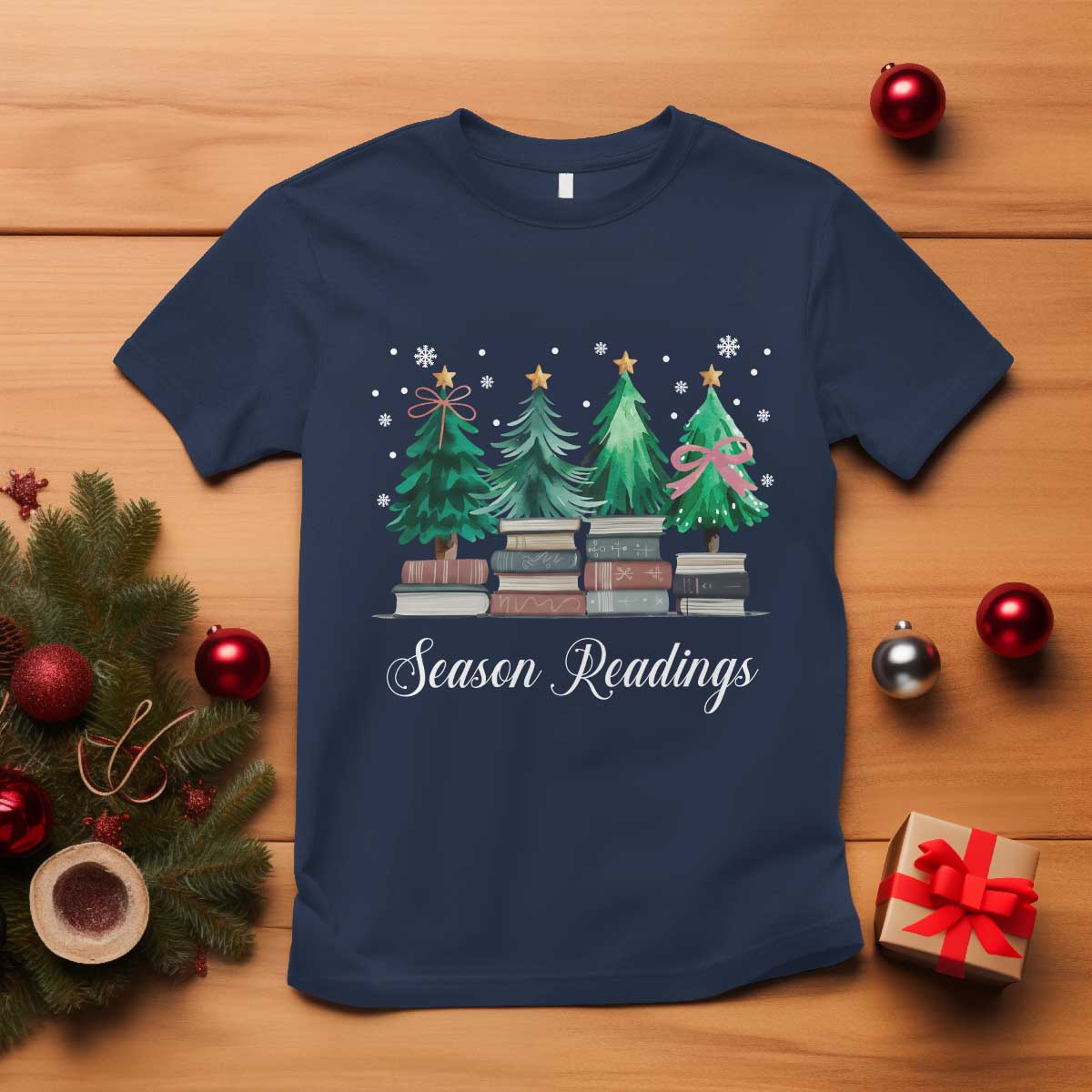 Funny Christmas Book T Shirt Season Readings Xmas Tree Bookworm Teacher Librarian - Wonder Print Shop