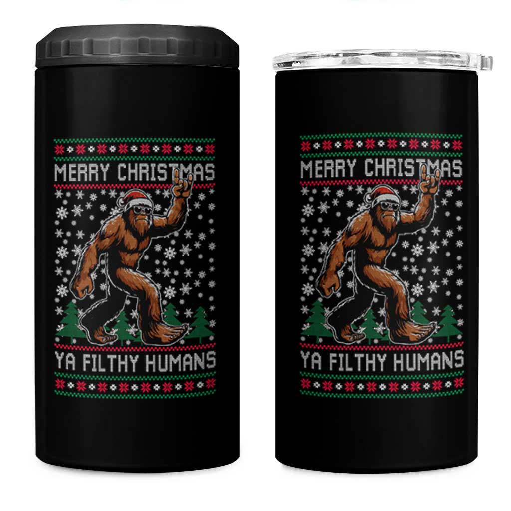 Merry Christmas Ya Filthy Humans Bigfoot 4 in 1 Can Cooler Tumbler Funny Xmas Sasquatch - Wonder Print Shop