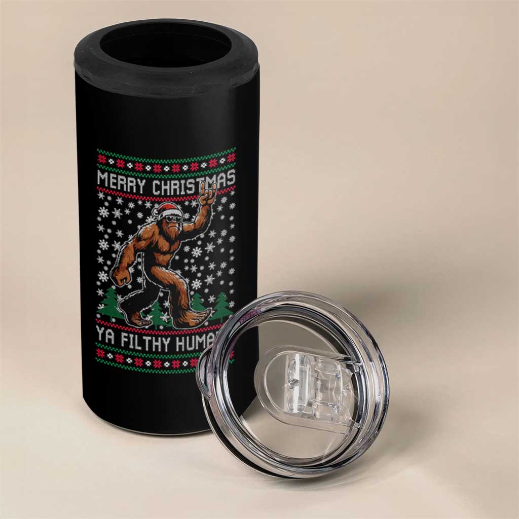 Merry Christmas Ya Filthy Humans Bigfoot 4 in 1 Can Cooler Tumbler Funny Xmas Sasquatch - Wonder Print Shop