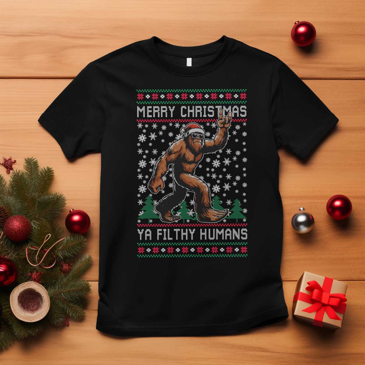 Merry Christmas Ya Filthy Humans Bigfoot T Shirt Funny Xmas Sasquatch - Wonder Print Shop