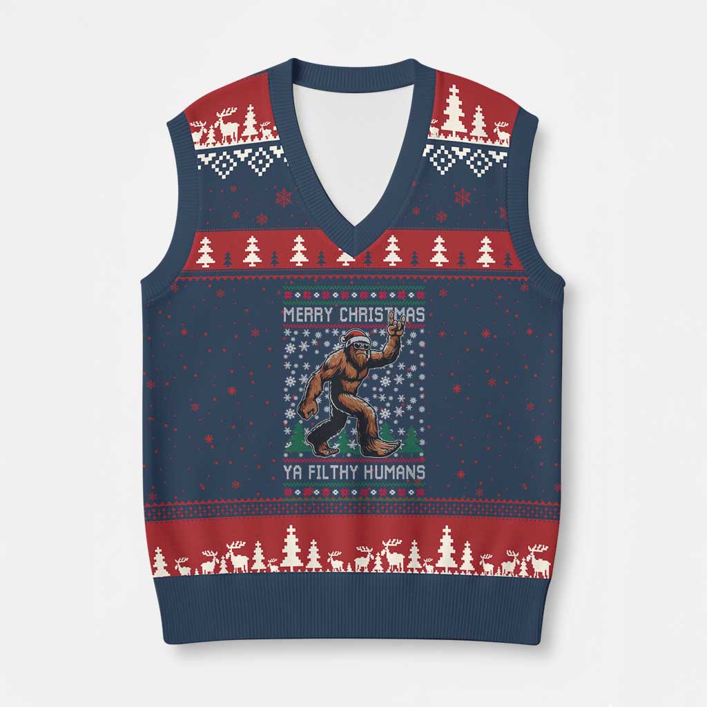 Merry Xmas Ya Filthy Humans Bigfoot V-Neck Knit Sweater Vest Funny Xmas Sasquatch - Wonder Print Shop
