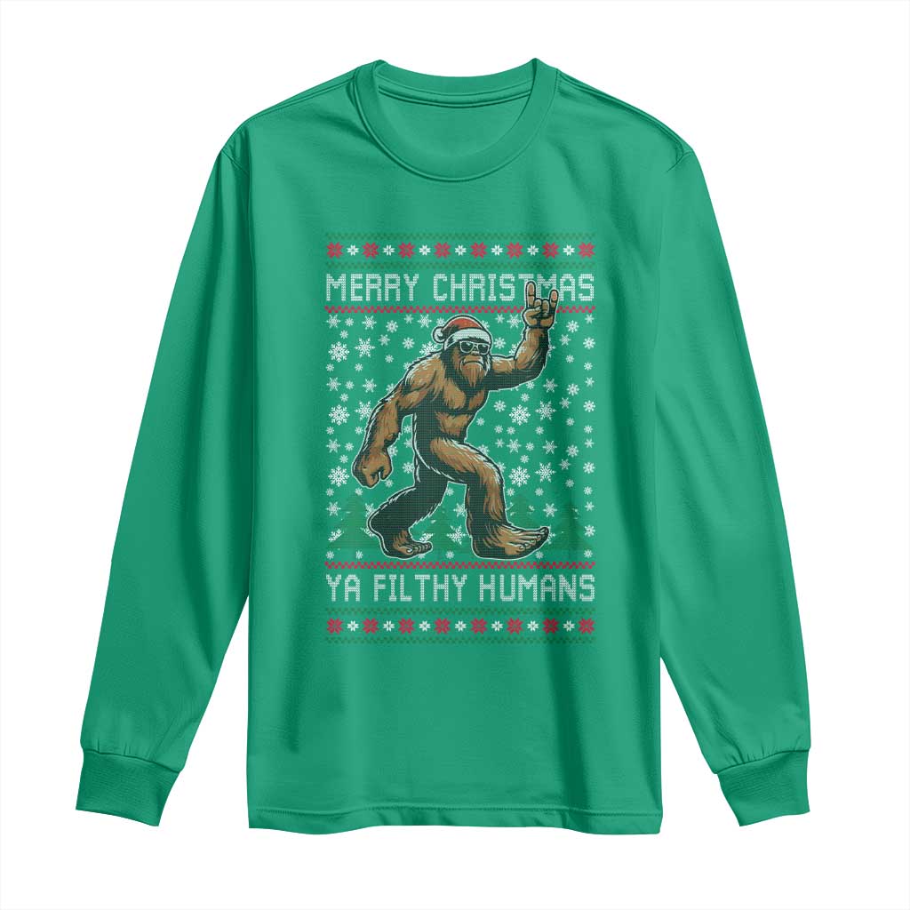 Merry Christmas Ya Filthy Humans Bigfoot Long Sleeve Shirt Funny Xmas Sasquatch - Wonder Print Shop