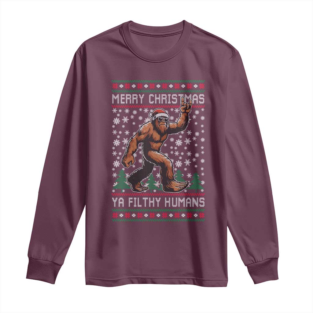 Merry Christmas Ya Filthy Humans Bigfoot Long Sleeve Shirt Funny Xmas Sasquatch - Wonder Print Shop