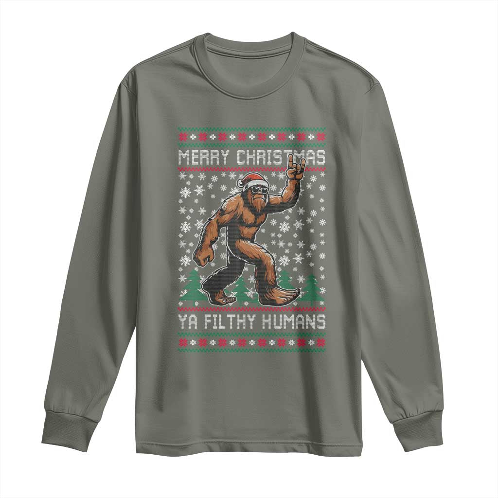 Merry Christmas Ya Filthy Humans Bigfoot Long Sleeve Shirt Funny Xmas Sasquatch - Wonder Print Shop