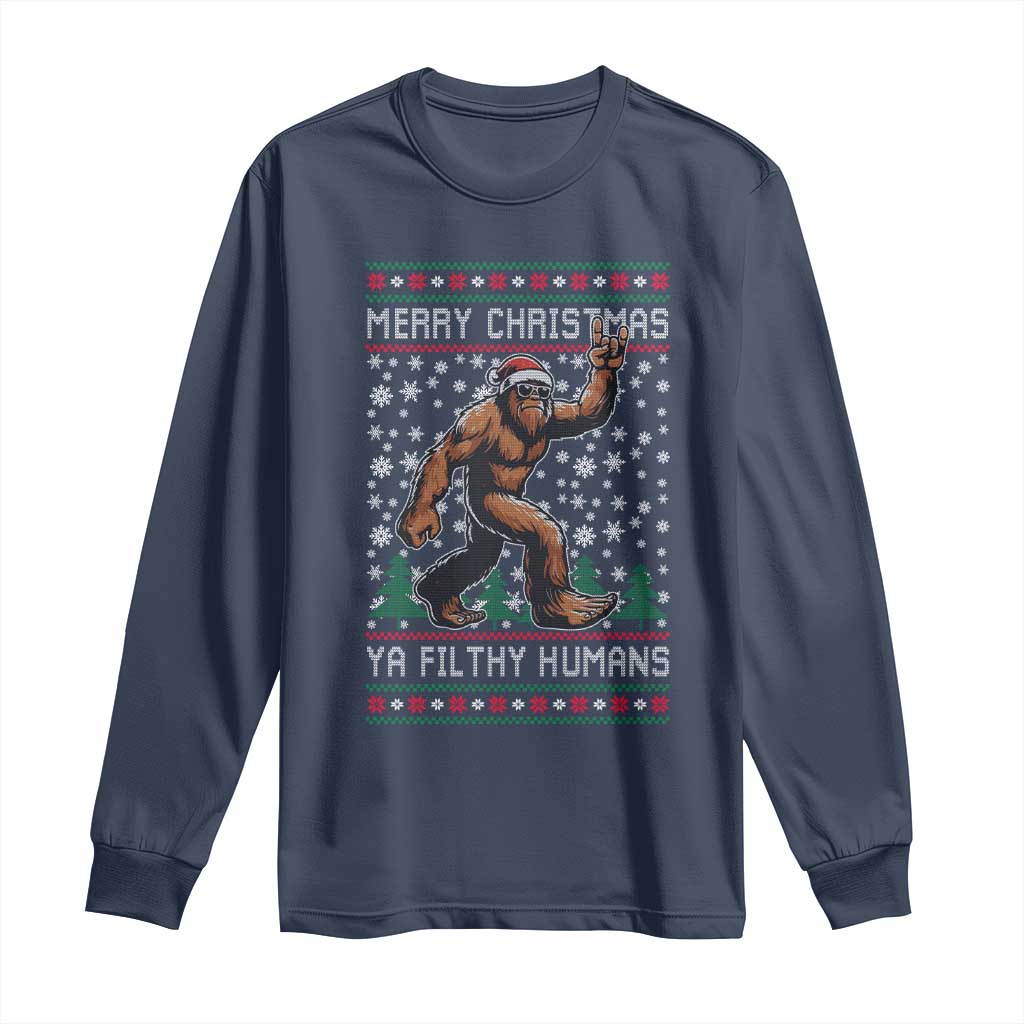 Merry Christmas Ya Filthy Humans Bigfoot Long Sleeve Shirt Funny Xmas Sasquatch - Wonder Print Shop
