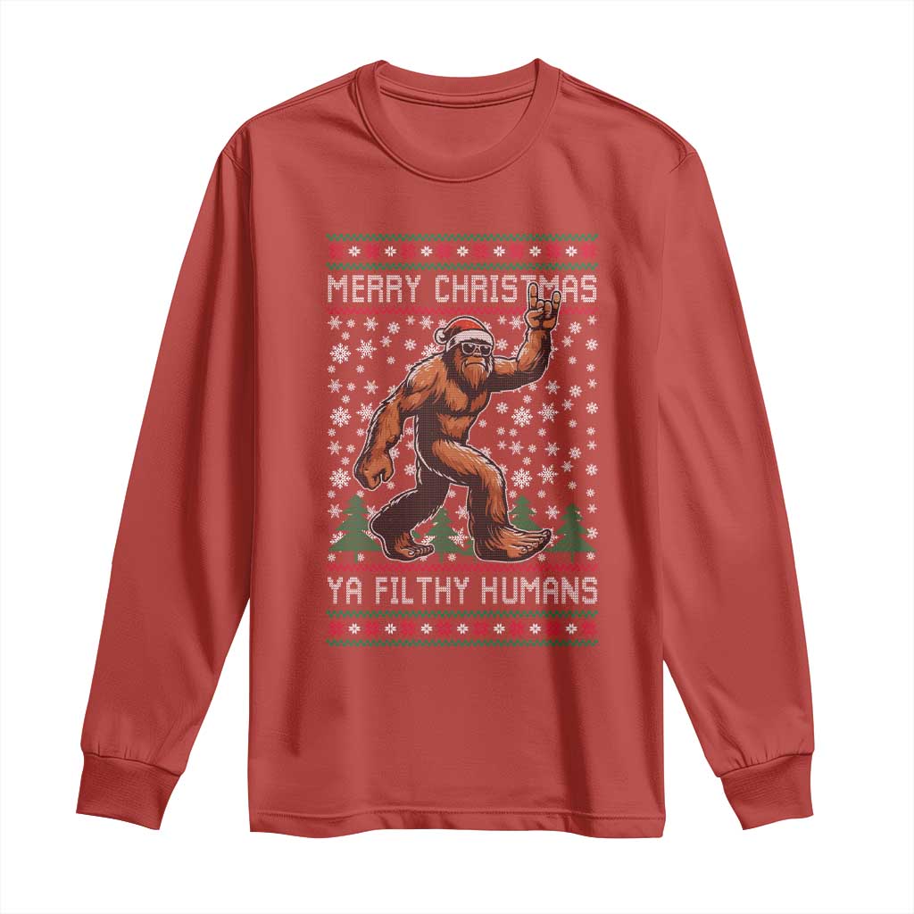 Merry Christmas Ya Filthy Humans Bigfoot Long Sleeve Shirt Funny Xmas Sasquatch - Wonder Print Shop