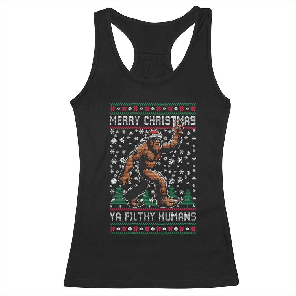 Merry Christmas Ya Filthy Humans Bigfoot Racerback Tank Top Funny Xmas Sasquatch - Wonder Print Shop