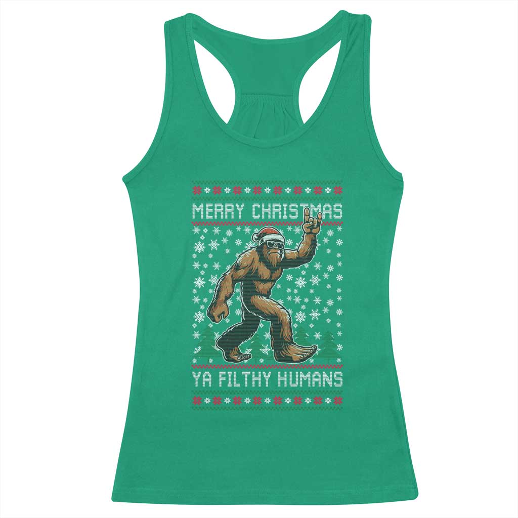 Merry Christmas Ya Filthy Humans Bigfoot Racerback Tank Top Funny Xmas Sasquatch - Wonder Print Shop