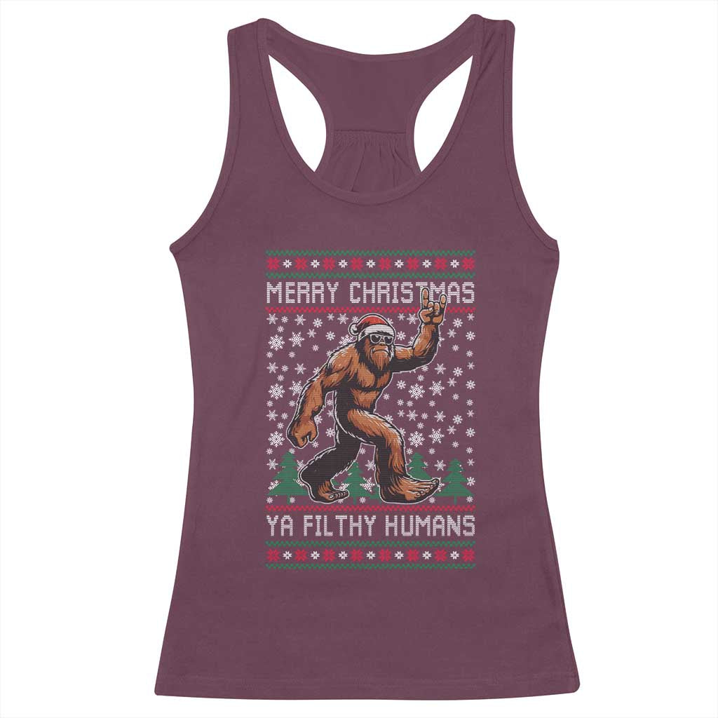 Merry Christmas Ya Filthy Humans Bigfoot Racerback Tank Top Funny Xmas Sasquatch - Wonder Print Shop