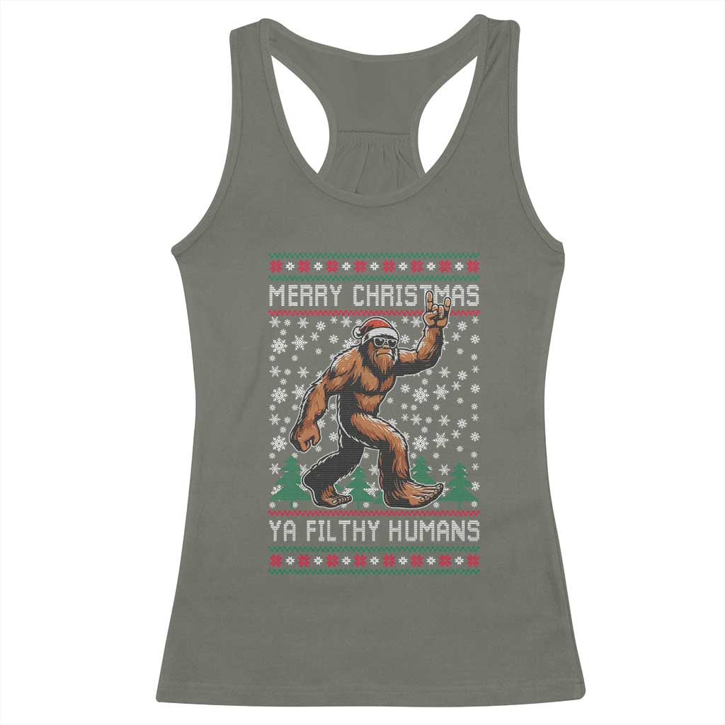 Merry Christmas Ya Filthy Humans Bigfoot Racerback Tank Top Funny Xmas Sasquatch - Wonder Print Shop