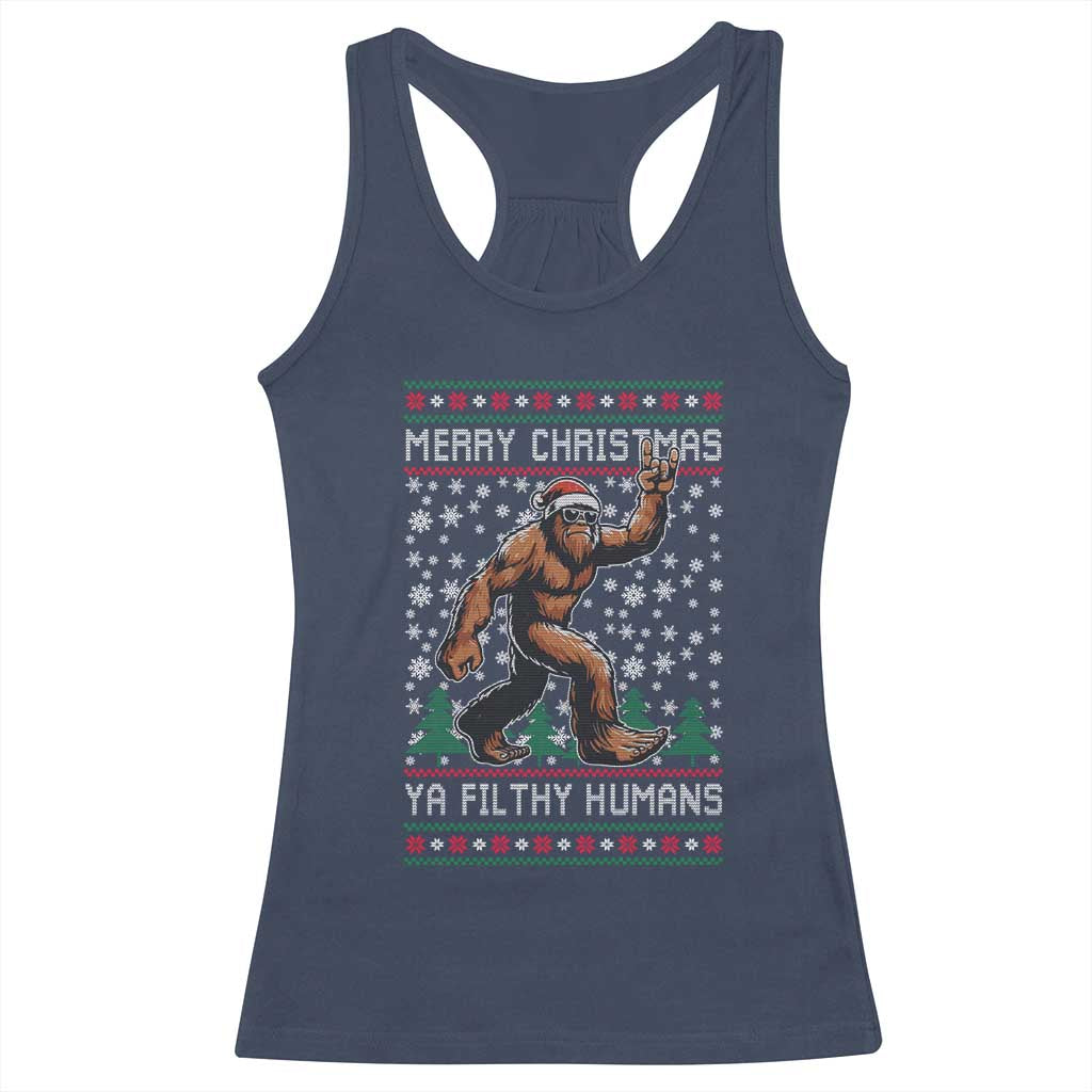 Merry Christmas Ya Filthy Humans Bigfoot Racerback Tank Top Funny Xmas Sasquatch - Wonder Print Shop