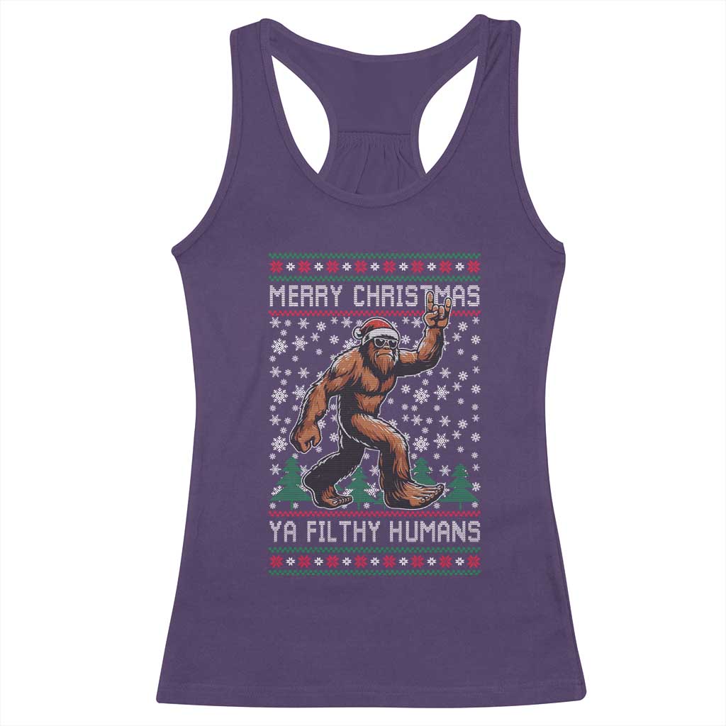Merry Christmas Ya Filthy Humans Bigfoot Racerback Tank Top Funny Xmas Sasquatch - Wonder Print Shop
