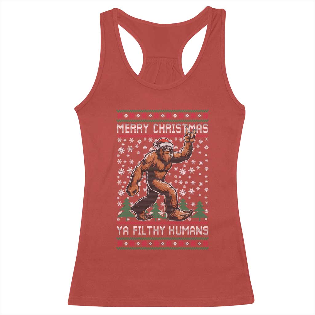 Merry Christmas Ya Filthy Humans Bigfoot Racerback Tank Top Funny Xmas Sasquatch - Wonder Print Shop