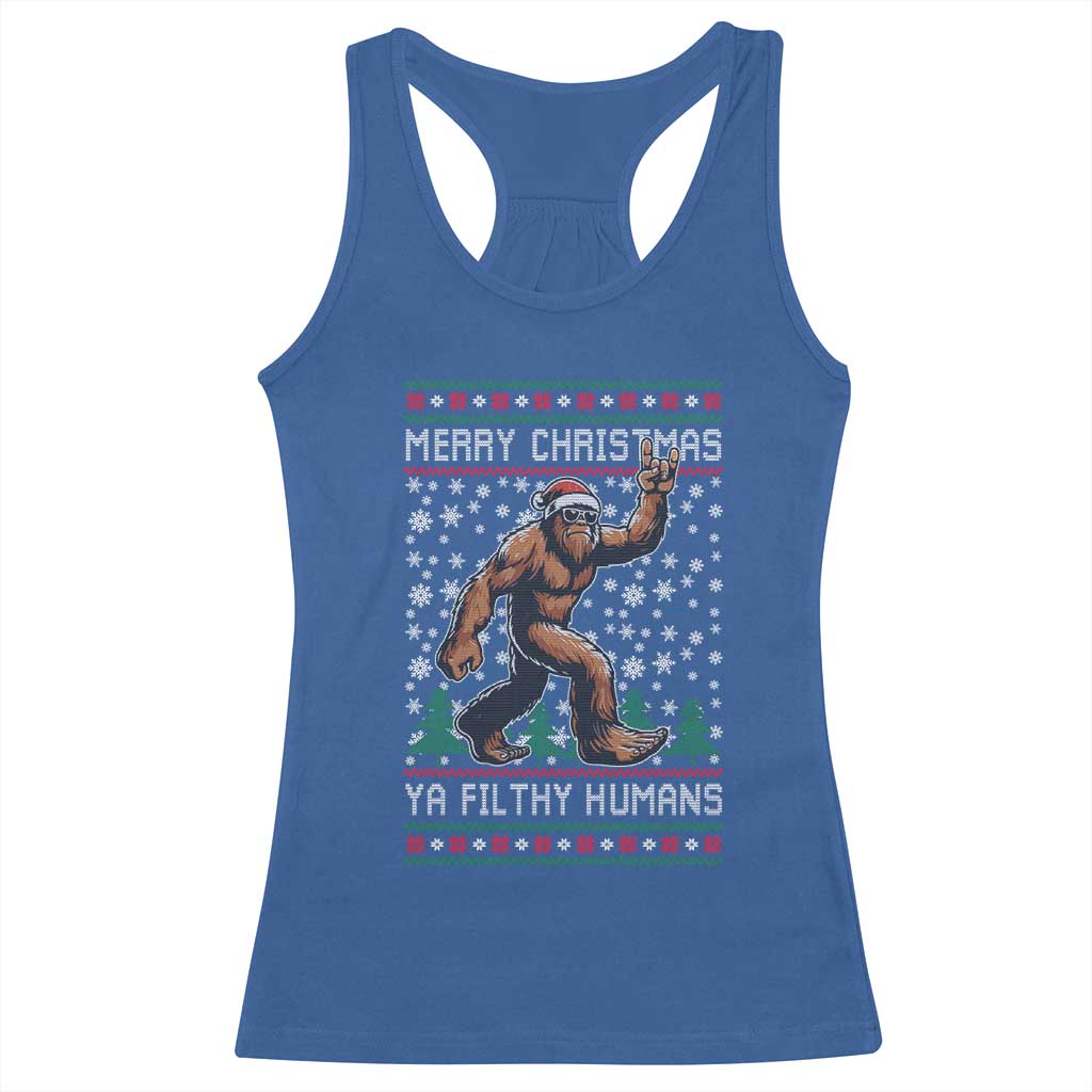 Merry Christmas Ya Filthy Humans Bigfoot Racerback Tank Top Funny Xmas Sasquatch - Wonder Print Shop