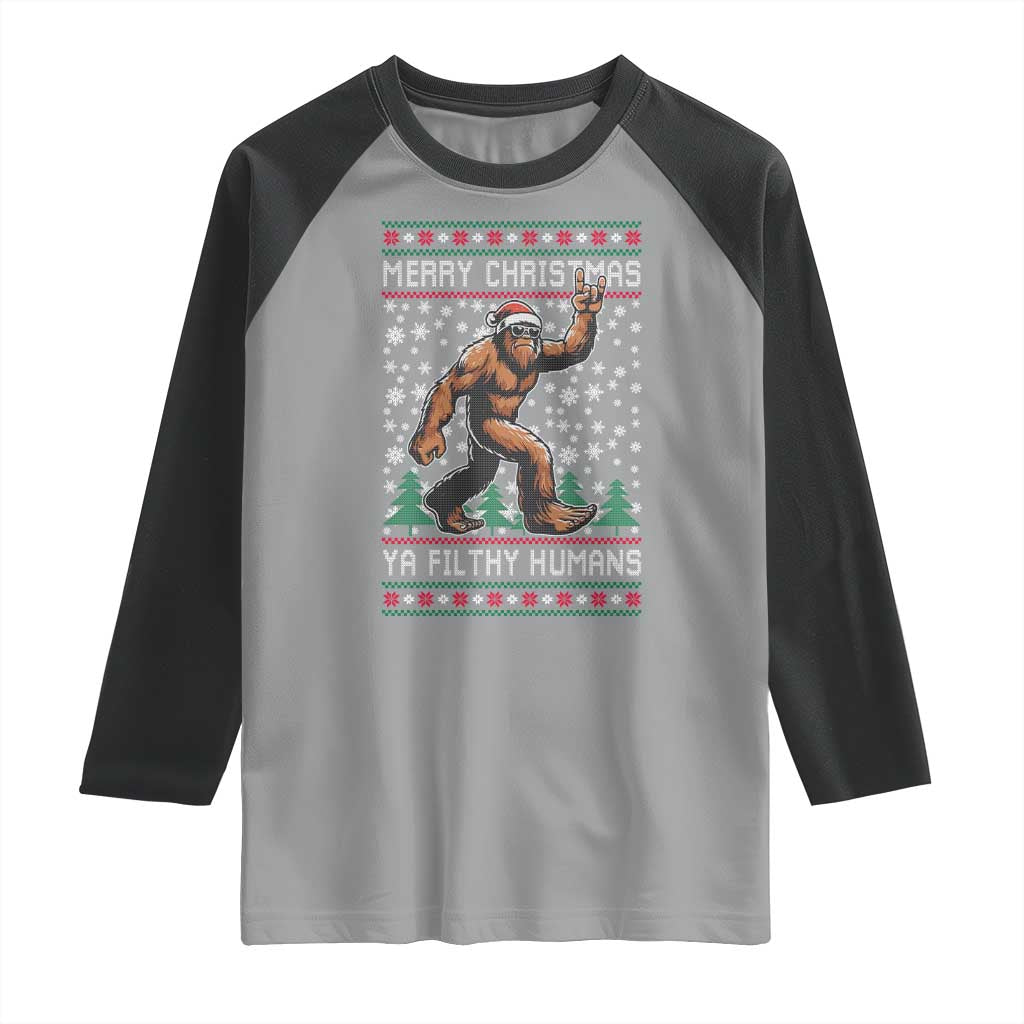 Merry Christmas Ya Filthy Humans Bigfoot Raglan Shirt Funny Xmas Sasquatch - Wonder Print Shop
