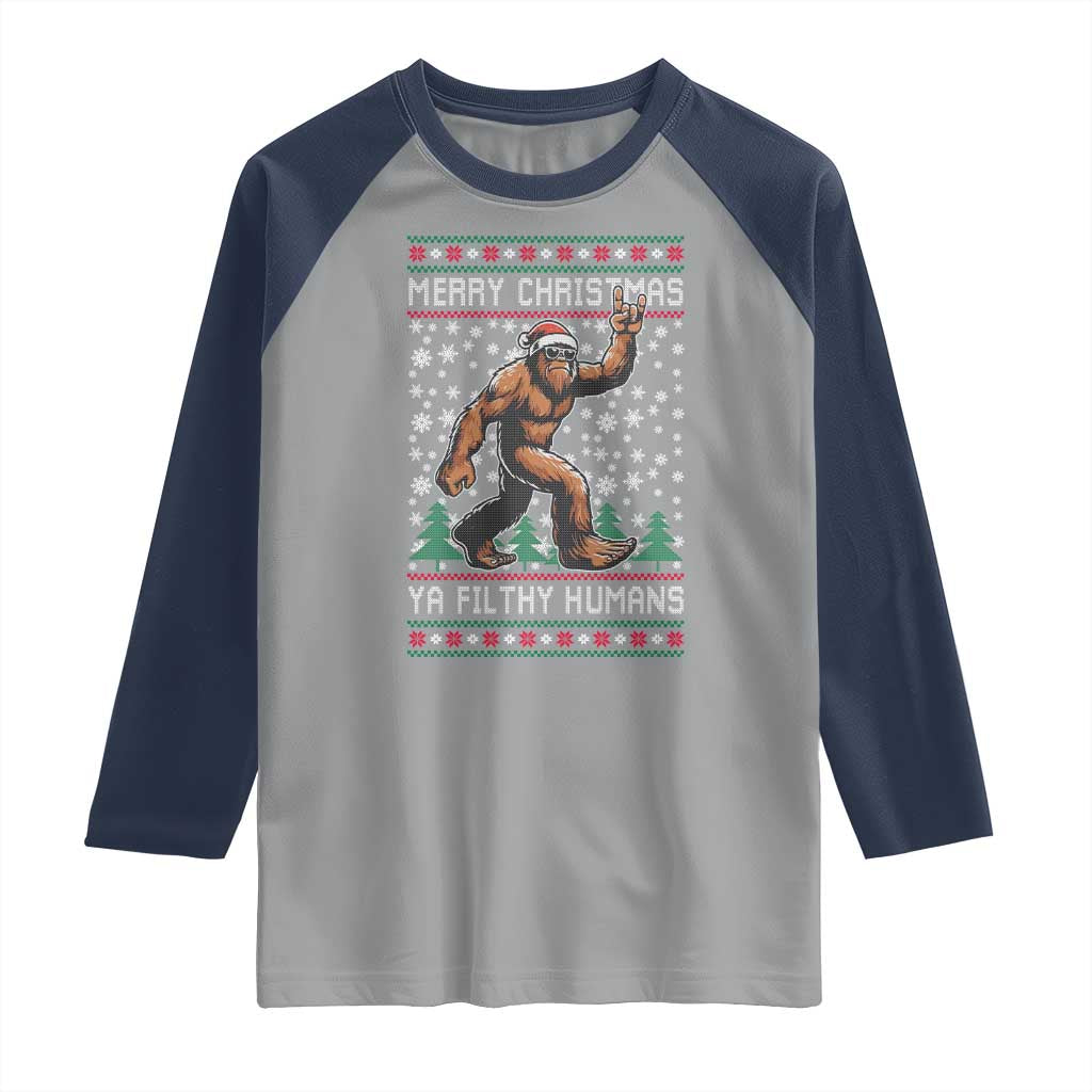 Merry Christmas Ya Filthy Humans Bigfoot Raglan Shirt Funny Xmas Sasquatch - Wonder Print Shop