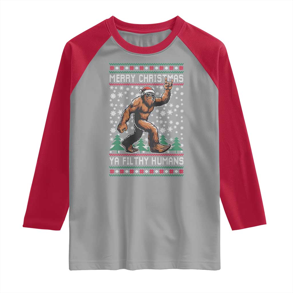 Merry Christmas Ya Filthy Humans Bigfoot Raglan Shirt Funny Xmas Sasquatch - Wonder Print Shop